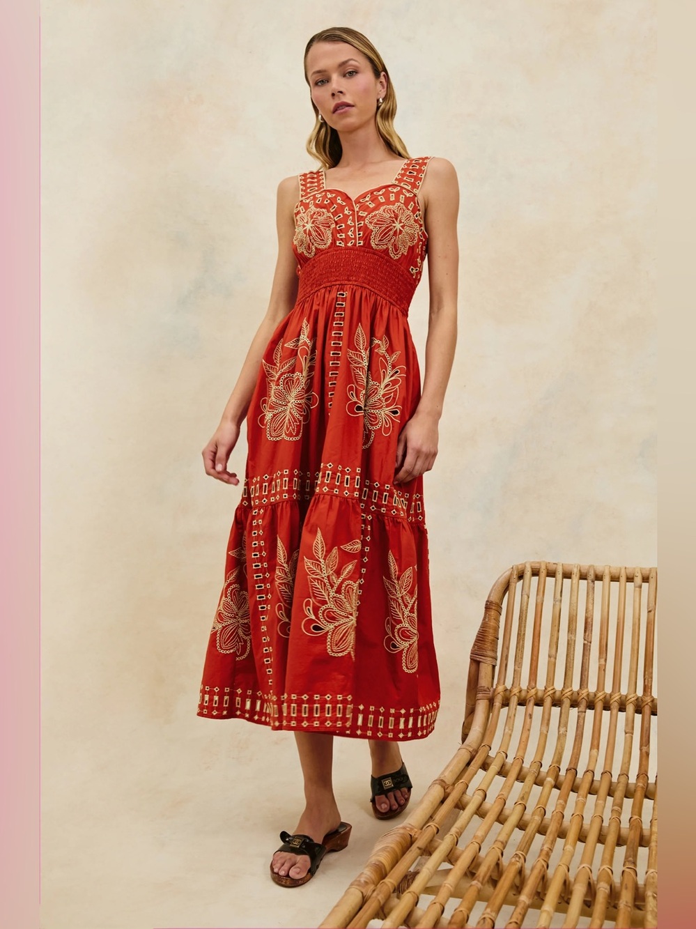Rails Fawn Dress In Terracotta Red Embroidered Sundress Midi Large